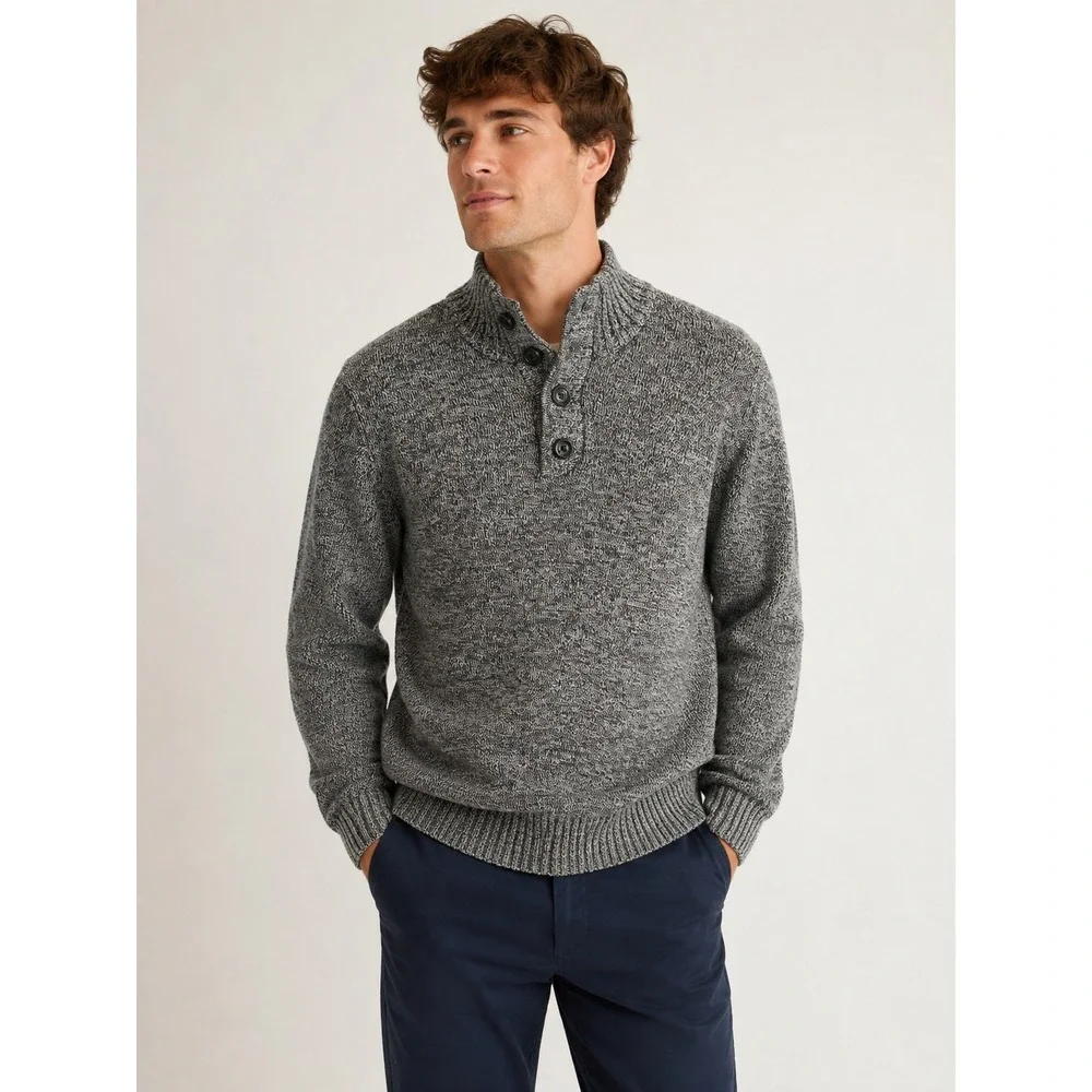 Sean John Mens Gray Marled Cotton Mock Neck Button Henley Sweater Large